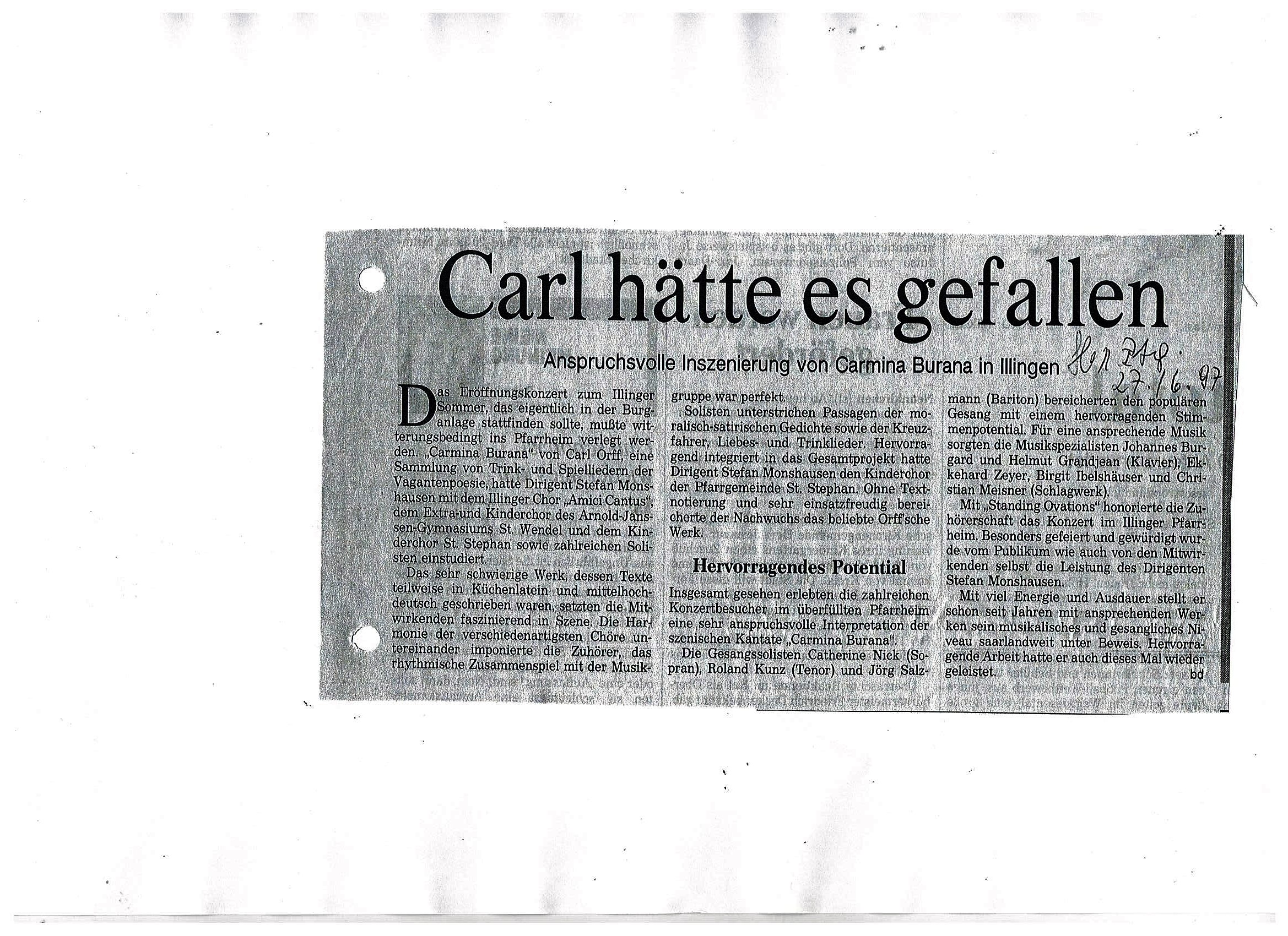 SZ Kritik zu Carmina Burana 1997Pfarrheim